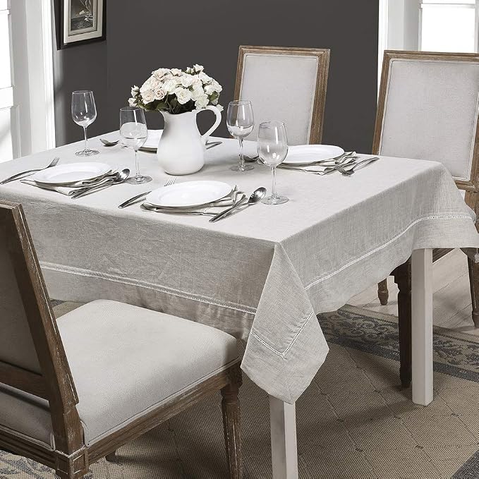 Simple&Opulence Premium 100% Linen Hemstitch Tablecloth-60 x 120 Inch Natural Linen, Natural Fabric, Rectangular Tablecloth for Indoor and Outdoor Use