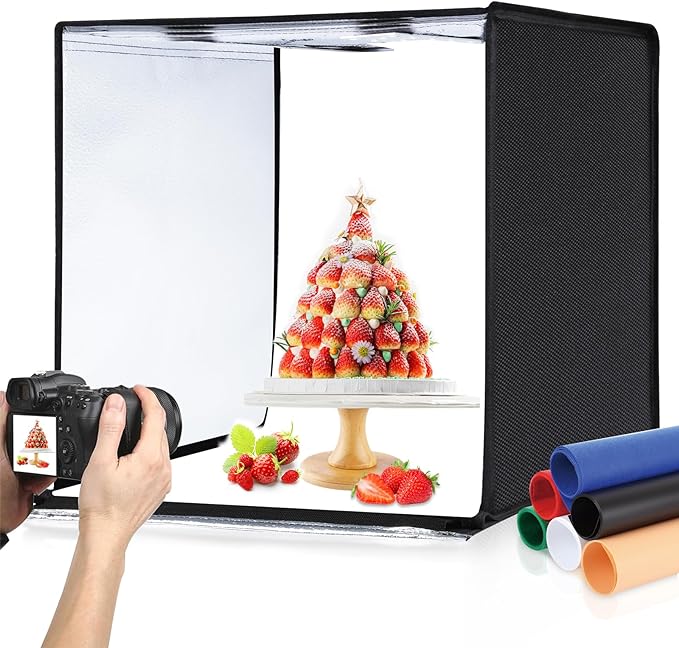 PULUZ Light Box Photography, 24x24 inch Large Photo Studio Light Box, Professional Dimmable Photo Booth with 120 LED Lights & 6 Backdrops for Jewelry and Food Items Product Photography