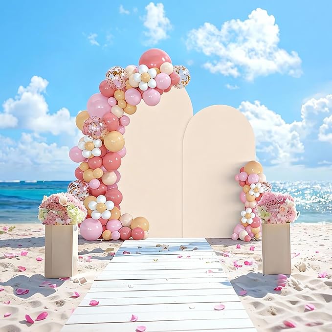 SuuWoee Arch Backdrop Stand Set of 2 With Beige Cover (7.2FT+6FT),Gold Metal Wedding Arch Balloon Stand With Cover for Birthday Party Baby Shower Graduation Ceremony Decoration