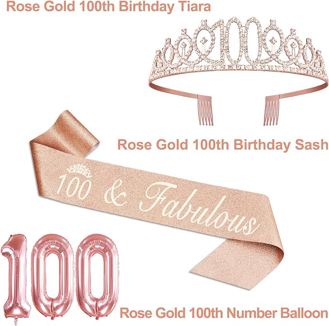 100th Birthday Decorations for Women, Include 100th Birthday Sash and Tiara, Cake Topper and Candles, Number Balloons, 100 Year Old Gifts Women