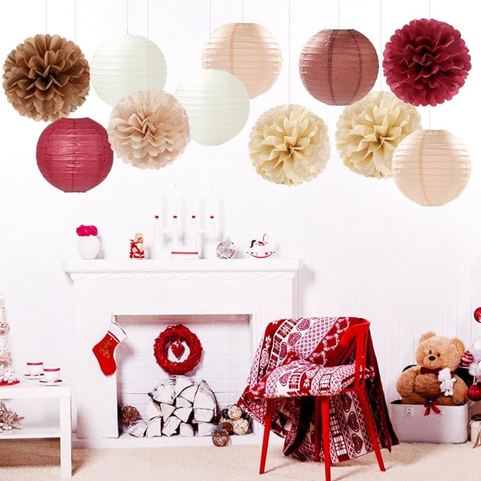 Burgundy-Brown Champagne Party-Decorations Paper-Flowers Lanterns - 15PCS Fall Boho Tissue Pom Poms Streamers,Autumn Rustic Baby Shower Neutral Wedding Birthday Decor Hugfond