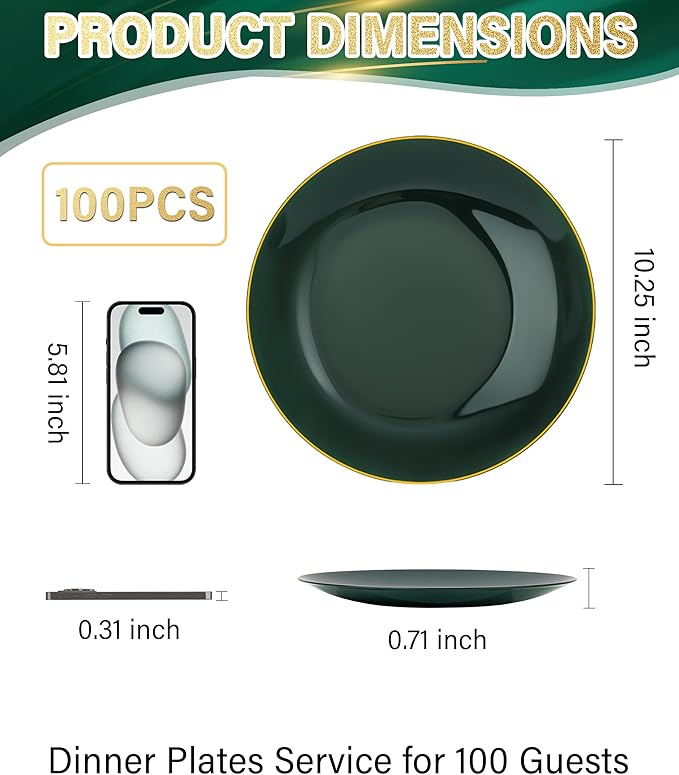 Nervure 100Pcs Green and Gold Plastic Plates - 10.25inch Disposable Green Dinner Plates - Heavy Duty Plastic Plate Ideal for Wedding & Party (Pack of 2)