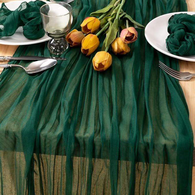 MLMC 3 Pack Emerald Green Cheesecloth Table Runner Boho Dark Green Cheese Cloth Table Runner 10ft Sheer Gauze Cheesecloth Decorations for Wedding Home Party Decor