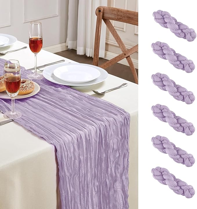 6 Pack Purple Mother’s Day Cheesecloth Table Runner 10FT Long Spring Boho Gauze Table Runner Rustic Sheer Runner for Wedding Bridal Baby Shower Birthday Party Table Decor Home Easter Decorations