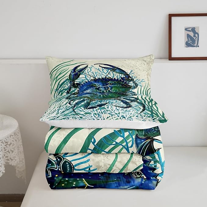 Feelyou Crab Printed Comforter Set Full Size Kids Summer Theme Comforter for Boys Girls Teens Marine Themed Bedding Set Underwater Animal Duvet Set Ocean Creature Quilt