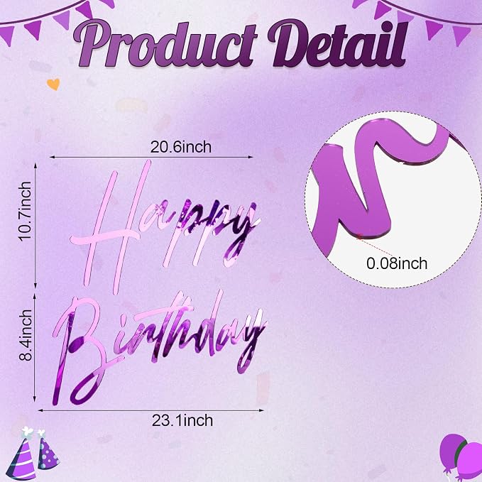 Yousoontic Happy Birthday Sign for Backdrop Large Happy Birthday Sticker Letter Acrylic Mirror Decal for Balloon Arch Wall Kpop Party, Peel Off Acrylic Film(23 x 20 Inches,Classic,Purple)