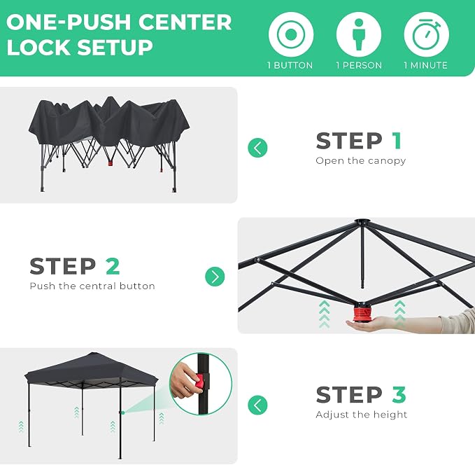 JEAREY 10x10 ft Pop Up Canopy Tent, Heavy Duty Outdoor Canopy with 1-Push Instant Setup, Commercial Tent with Roller Bag, 4 Sandbags and 8 Stakes, Water-Resistant, Gray