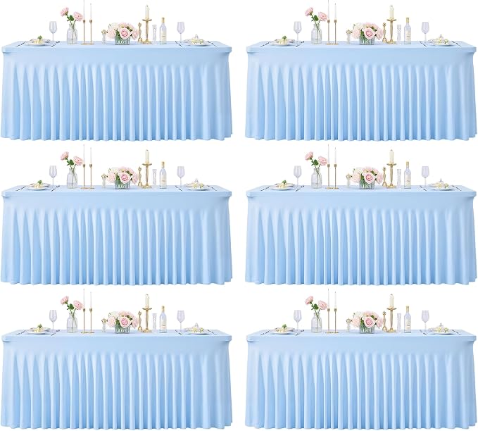 6 Pack 8ft Baby Blue Spandex Table Cloths for Rectangle Tables Wrinkle Free Rectangle Tablecloths, Stretch Fitted Table Cover with Skirt for Baby Shower Boy Birthday Party Wedding Banquet Buffet