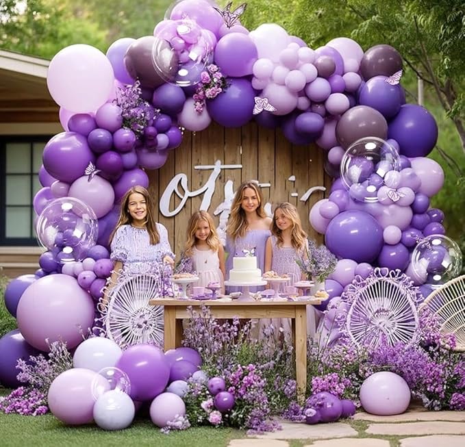 Purple Lavender Balloon Arch Double Stuffed Dark Purple Lilac Balloon Garland Kit With Clear Balloons for Birthday Wedding Butterfly Bridal Baby Shower Fairy Wild Flower Valentine Party Decor