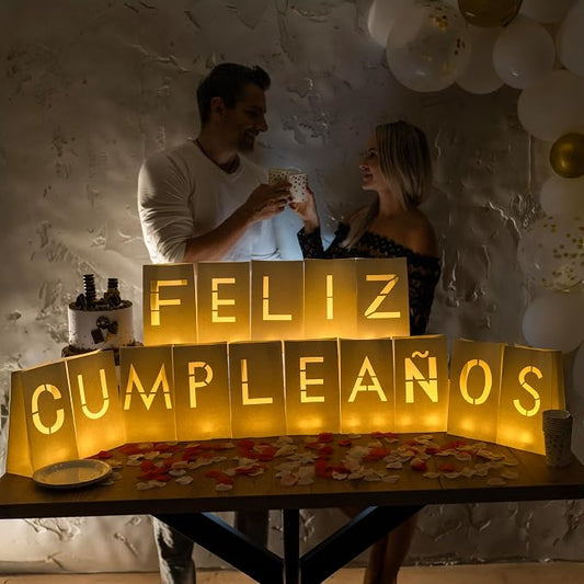 WYMM Feliz Cumpleaños Happy Birthday Light Up Letters in Spanish - Luminary Bags Happy Birthday Decorations with Tea Lights Candles and Rose Petals - Feliz Cumpleaños Banner For Your Loved One