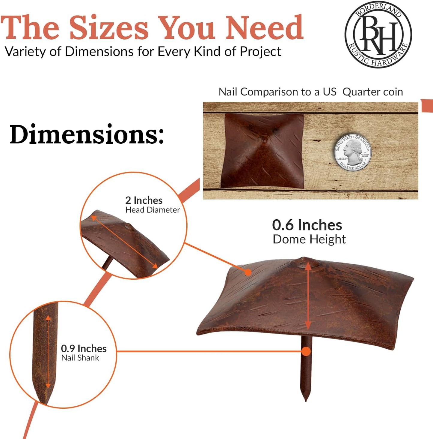 10 Pack 2" Square Head Iron Clavos Decorative Nails – Sealed Rusted – Handmade Rustic Square Fasteners for Farmhouse Shutters, Faux Wood, Barn Doors, Shutters, and Gates – Ornamental Wood Accent