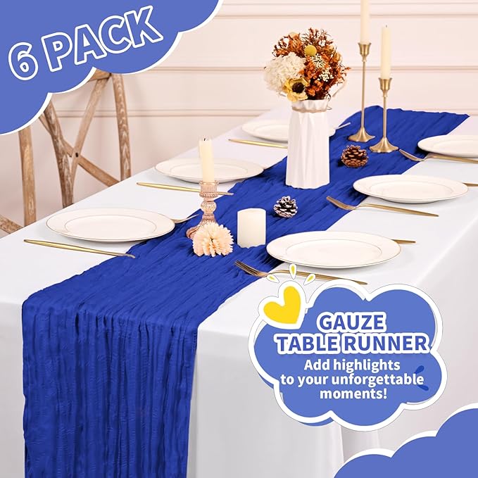 6 Pack Royal Blue Table Runner, Cheesecloth Table Runner Long Romantic Semi Sheer Rustic Boho Gauze Table Runners for Wedding Bridal Shower Birthday Party Decorations(17.7×108 Inch)