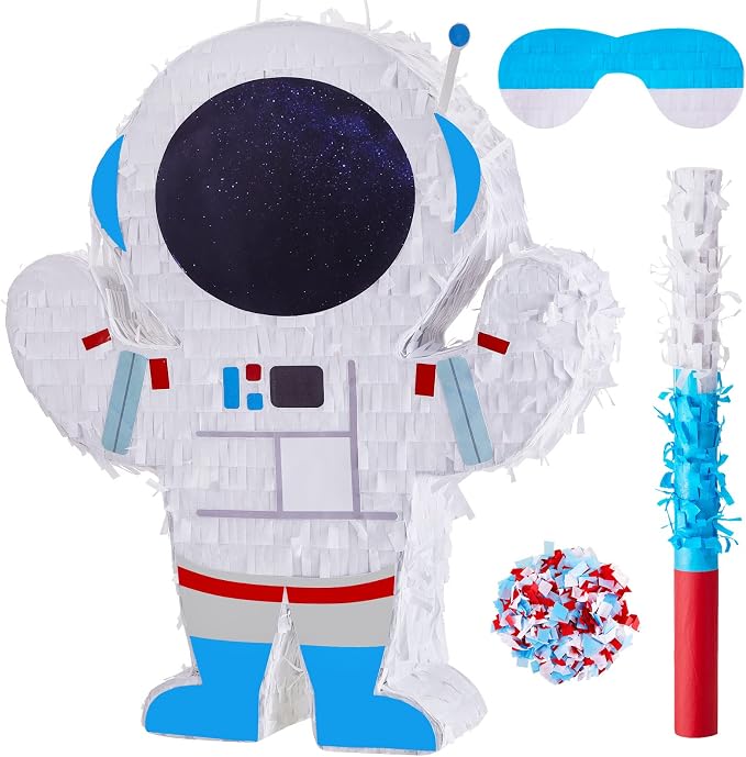 Meooeck Astronaut Piñata 14.5 x 12.2 x 2.95 Inch Outer Space Party Decorations Space Themed Party Supplies with Plastic Stick Paper Blindfold Confetti for Birthday Kids Boys Girls Decoration