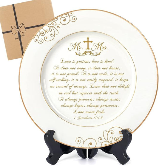 Urllinz Best Anniversary Wedding Gifts for Couples Unique 2026 - Mr and Mrs Plate with 24k Gold Foil Decorations, Newlywed Bridal Shower Engagement Gift for Her Him, Ceramic 9"