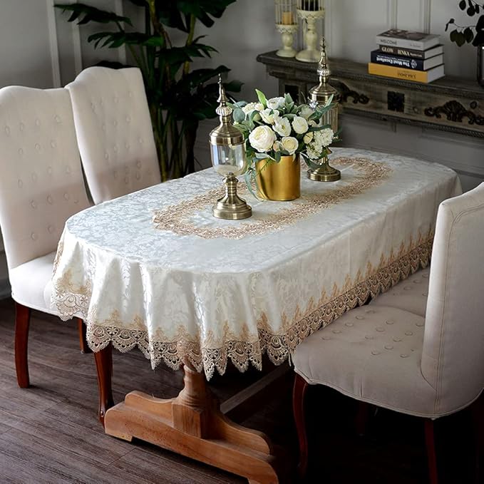 ARTABLE Lace Table Cloths Oval Fall Antique Flower Decor Macrame Tablecloth for Outdoor Farmhouse Rustic Kitchen Party Birthday Picnic (Light Brown, 60 x 140 Inch Oval)