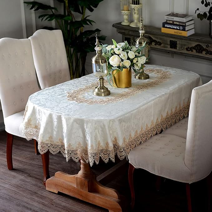 ARTABLE Lace Table Cloths Oval Fall Antique Flower Decor Macrame Tablecloth for Outdoor Farmhouse Rustic Kitchen Party Birthday Picnic (Light Brown, 60 x 84 Inch Oval)