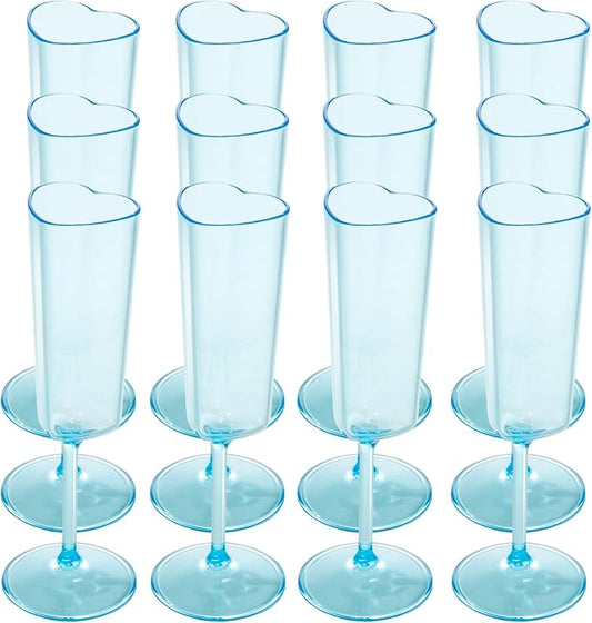 JLYLOL 12 PCS Heart Shaped Champagne Flutes, 5.5OZ Plastic Champagne Glasses, Unique Wedding Toasting Glasses, Elegant Stemmed Drinking Cups Plastic Goblets for Celebrations Anniversary Bride (Blue)