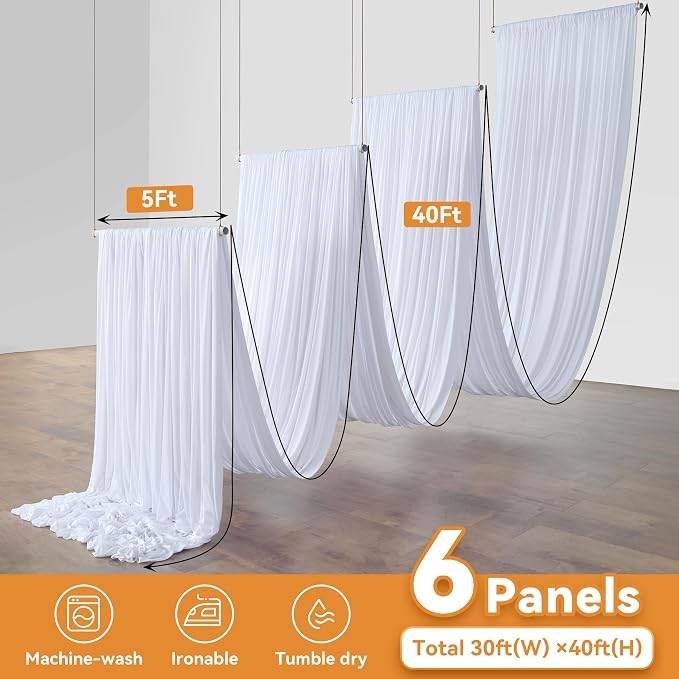 6 Panels 5×40ft White Ceiling Drapes for Wedding, Wrinkle Free Thick Polyester 40ft Extra Long Ceiling Curtains Draping Arch Drapery for Birthday Party Event Tent Canopy Venue Decoration