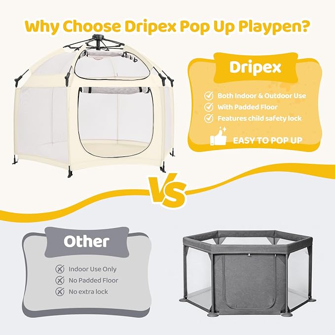 Dripex Pop Up Playpen w/t Built-in Pad & One-Click Safe Lock, Foldable Indoor/Outdoor Baby Playpen w/t Removable Canopy &Roll-Up Door & Top Mesh Window, Travel Pop and Go Beach Play Pen for Baby Beige
