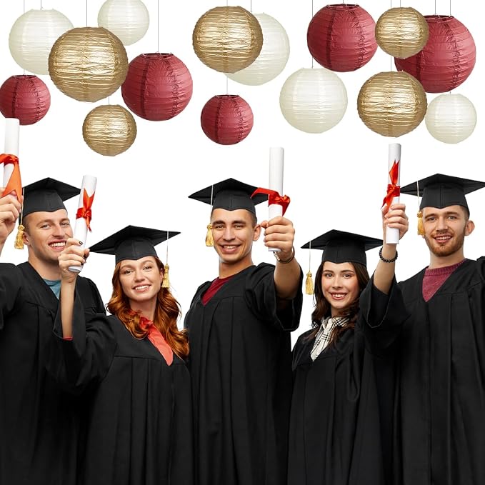 Paper Lanterns Party Decorations, Round Hanging Paper Lanterns Decorations for Graduation Bachelorette Wedding Birthday Party Supplies Maroon/Gold/Ivory 15pcs