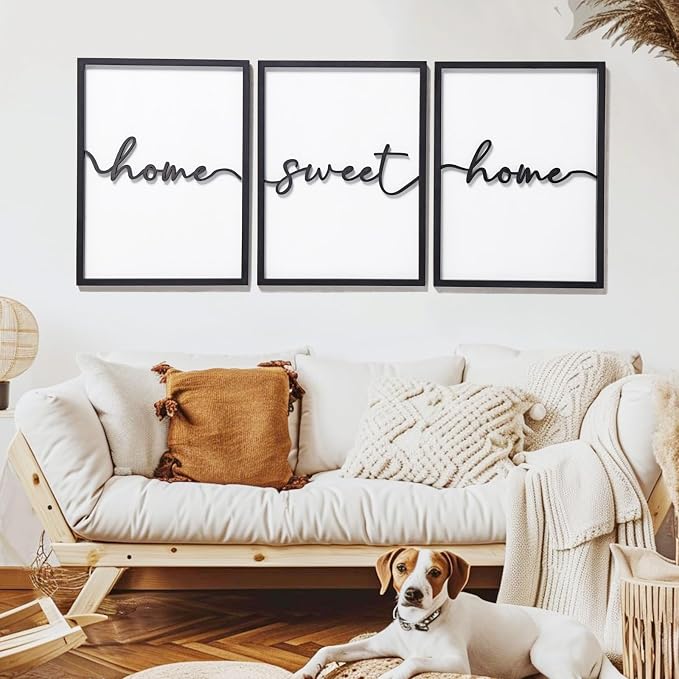 3D Wood Home Sweet Home Wall Art, Modern Home Sweet Home Sign for Large Living Room Wall Decor(Ready to Hang, Set of 3, 12x16 Inch, Framed)