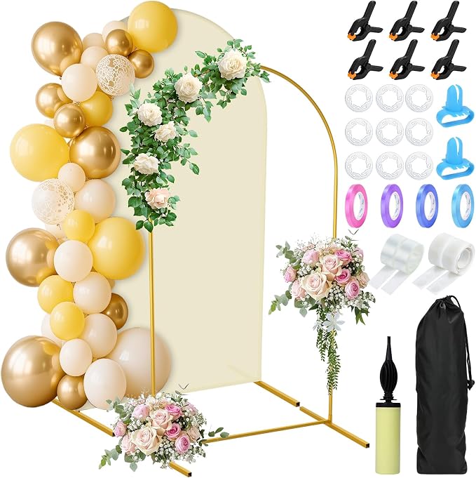 Jupwalz Arch Backdrop Stand and Cover Set, Metal Arch Stand with Rich Balloon Tool for Wedding Birthday Baby Shower Graduation Event Balloon Flowers Decor, Easy to Assemble (7.2FT, Beige)