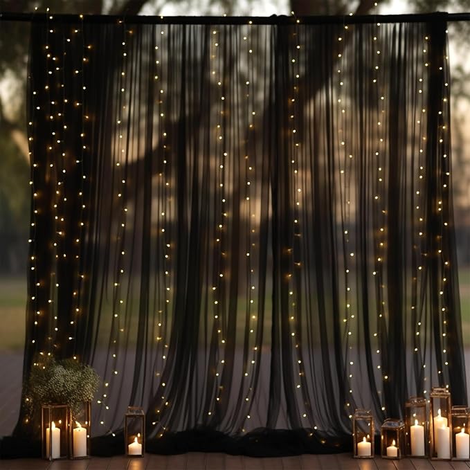 10x10ft Black Tulle Backdrop Curtain with Lights String for Parites, Sheer Photo Backdrop Drapes for Wedding Baby Shower Birthday Party Photo Shoot Decorations