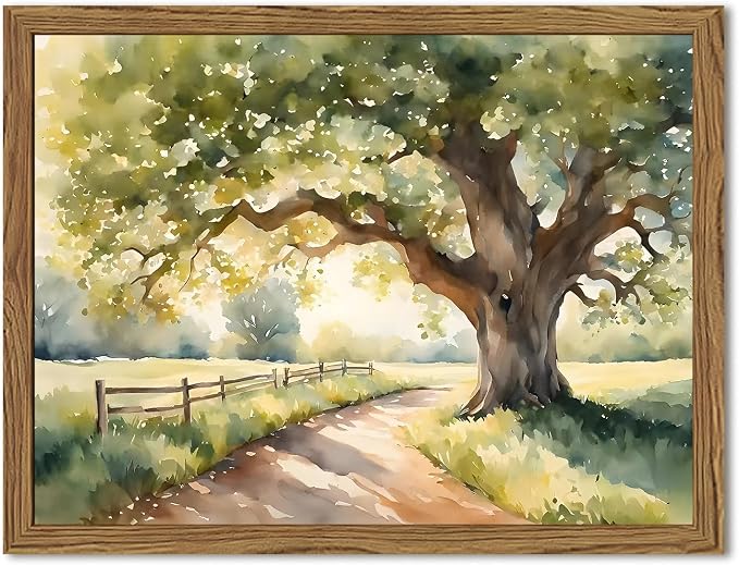Framed Vintage Tree Landscape Wall Art, Watercolor Country Road Nature Wall Decor Paintings, Rustic Countryside Pictures Canvas Prints Aesthetic Home Decor for Living Room Bedroom Bathroom 16x24 inch