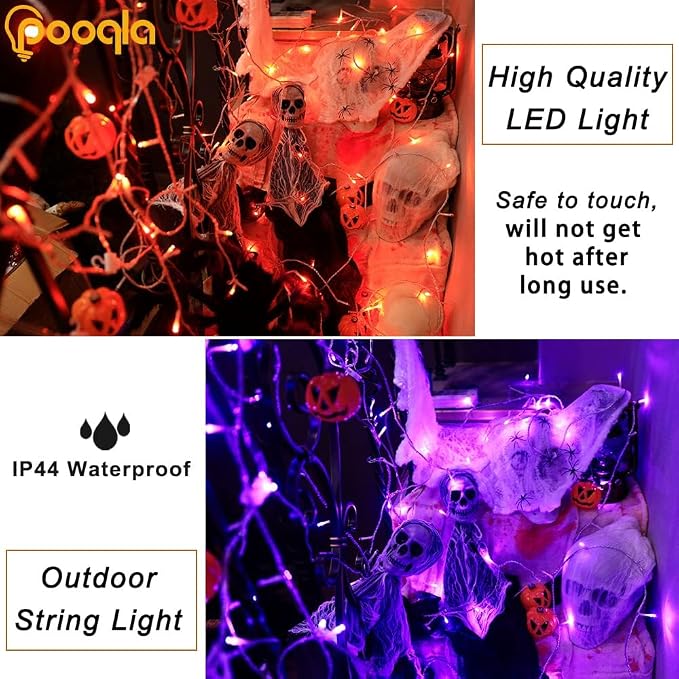 Pooqla 2 Pack Halloween String Lights Battery Operated, Total 66.6ft 200 LED Fairy Lights Indoor Outdoor Decorations, 8 Modes Orange Purple Battery Lights for Porch Party Halloween Decorations