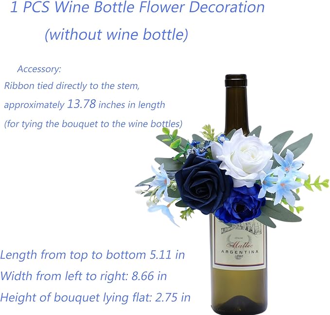 CherishedMoments 1Pcs Wine Bottle Flower Set, Dining Tables, Plates Decorations，Navy Blue Artificial Flowers Wine Cup for Wedding Ceremony Anniversary, Wedding Home Decor