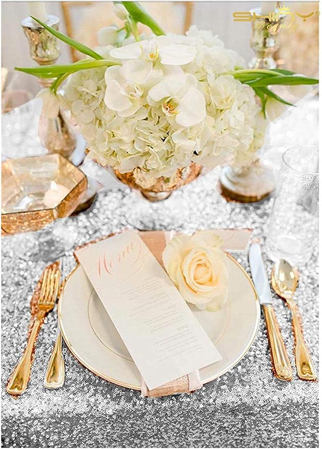 Silver Sequin Tablecloth 60x102 Inch Rectangular Table Cloth for Wedding | No Shedding Sequins, High Density Mesh Backing Design for 6ft Tables, Silver Glitter Linens for Dessert Cake Table Decor