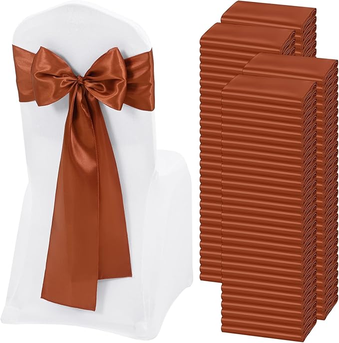 120 PCS Terracotta Satin Chair Sashes, Ties Bows Designed Chairs Decorative, Chair Cover Sashes for Thanksgiving Wedding Christmas Banquet Party Home Kitchen Decoration (7 x 108 inch)
