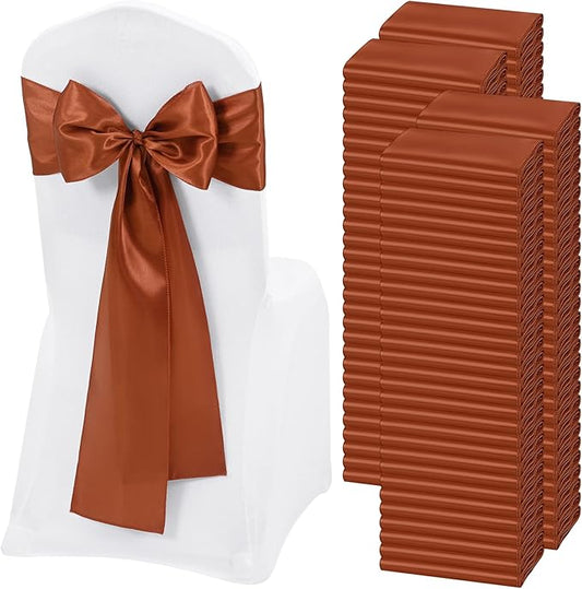 120 PCS Terracotta Satin Chair Sashes, Ties Bows Designed Chairs Decorative, Chair Cover Sashes for Thanksgiving Wedding Christmas Banquet Party Home Kitchen Decoration (7 x 108 inch)