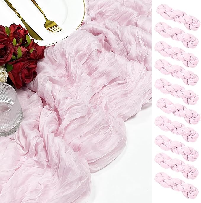 10 Pack 120inch Light Pink Cheesecloth Table Runners - 10Ft Long Pink Gauze Table Runner Bulk for Weddings Bridal Parties and Baby Showers Valentine's Day Decoration- 10pcs Light Pink Runner