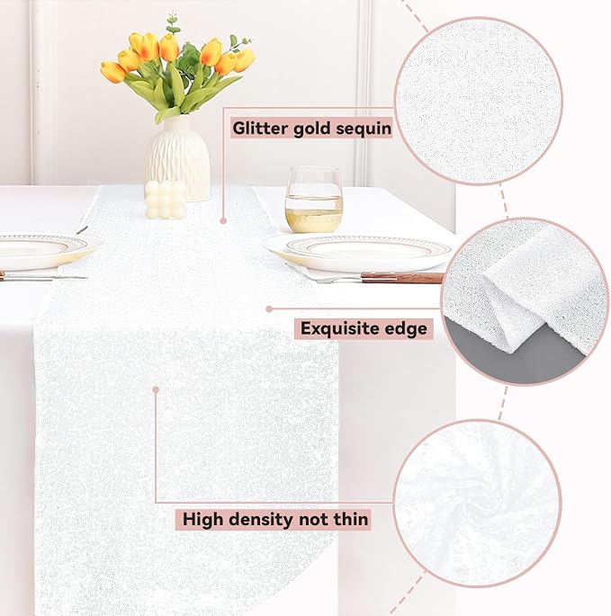 Sugargirl 10 Packs 12 x 72 inches Sequin Table Runner, Glitter White Table Runner for Birthday Party Supplies Wedding Holiday Celebration Event Decorations