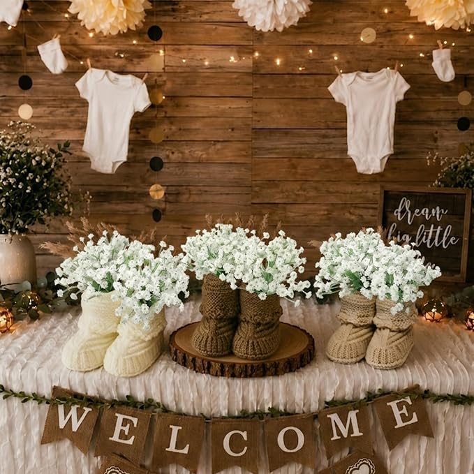 12 Pcs Handcrafted Boho Baby Shower Decorations, Baby Shower Table Decorations Centerpieces with Reusable Boho Flowers & Crochet Newborn Booties, Creative Gift for Gender Reveal Party, New Parents