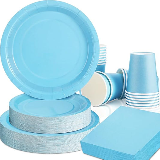 200Pcs Blue Paper Plates and Napkins Cups, Blue Plates and Napkins Party Supplies, Boy Baby Shower Serve 50