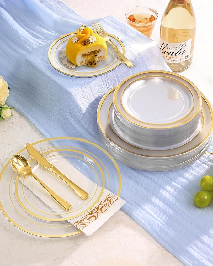 Goodluck 350 Pieces Clear Gold Dinnerware Set for 50 Guests, Plastic Plates Disposable for Party, Include 50 Gold Dinner Plates, 50 Dessert Plates, 50 Paper Napkins, 50 Cups, 50 Gold Silverware Set