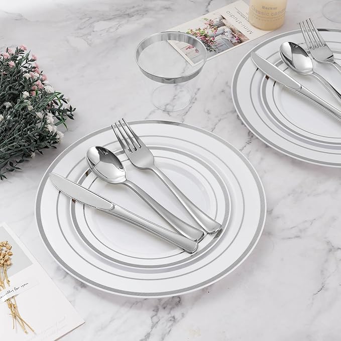 BESTVIP 600PCS Silver Dinnerware Set for 100 Guests, Plastic Plates for Party, 100 Silver Disposable Plates, 100 Dessert Plates, 100 Cups, 100 Spoons, 100 Forks and 100 Knives