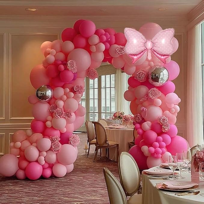 Pink Balloon Arch Kit Double Stuffed Peach Pink Bow Balloon Garland Foil Silver Balloons For Happy Birthday Baby Shower Bridal Shower Wedding Girls Women Theme Tea Party Decor