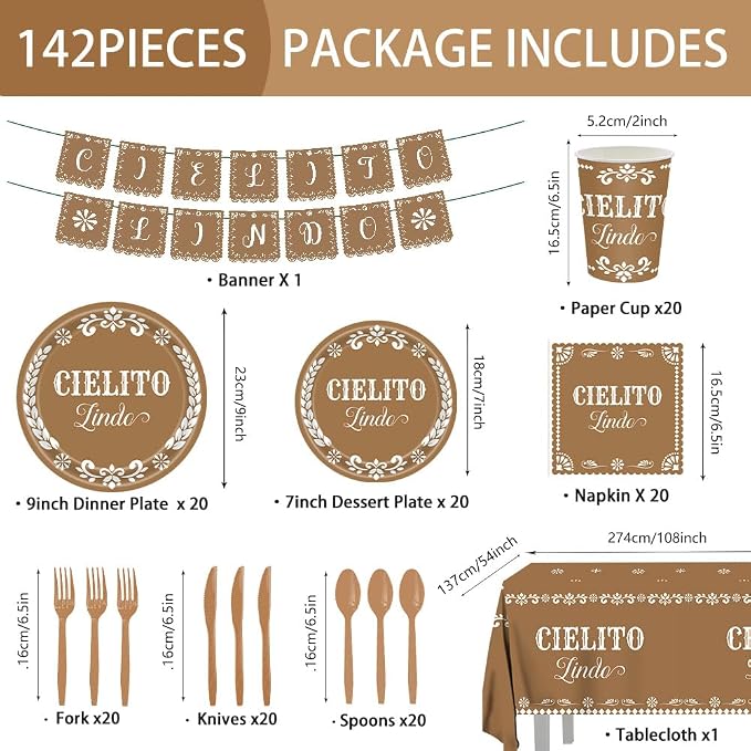 142 pcs Cielito Lindo Baby Shower Tableware, Mexican Theme White Talavera Baby Girl Shower Party Decoration Paper Plates Napkins Forks Serves 20