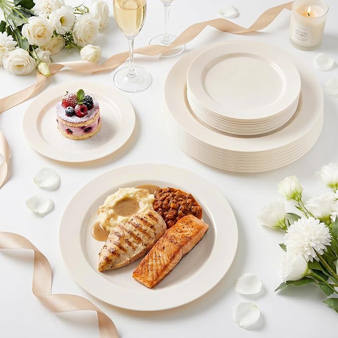 I00000 200 Pcs Ivory Plastic Plates, Disposable Party Plates Include 100 Ivory Dinner Plate 10’’ and 100 Plastic Dessert Plate 7’’ Perfect for Birthday, Party & Wedding