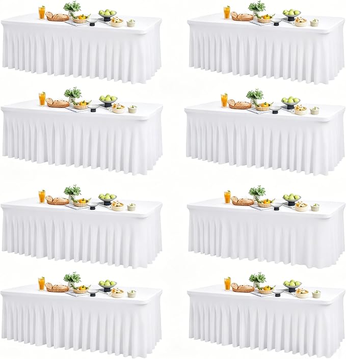 Wish Care 8 Pack White Spandex Table Clothes for 8 Foot Rectangle Tables, 8FT Wrinkle Free Fitted Tablecloths Ruffles Design Table Cloth for Party, Banquet, Wedding and Events