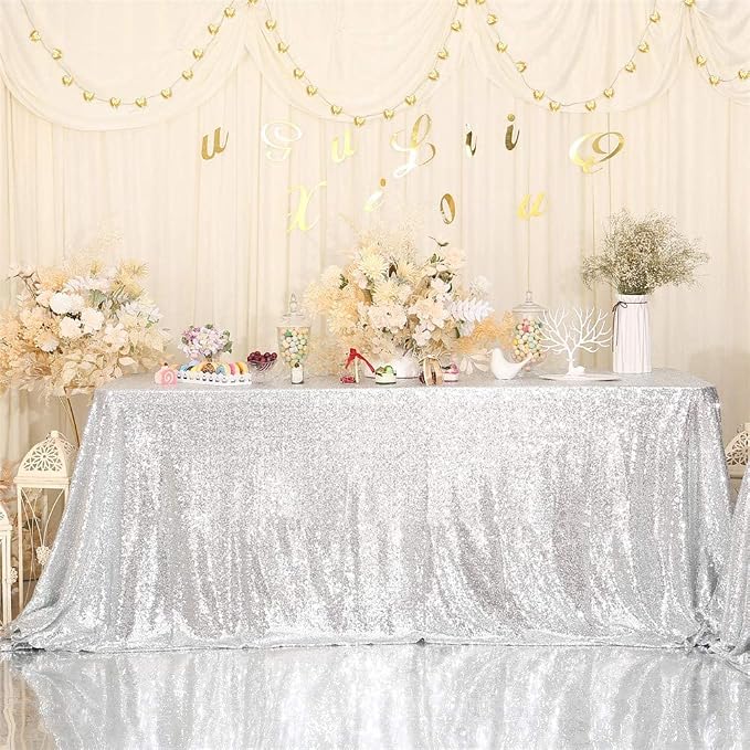 Eternal Beauty Silver Tablecloth, 60x120 Inch Sequin Rectangle Glitter Table Cover for Cake Dessert Exhibition Party Birthday Events