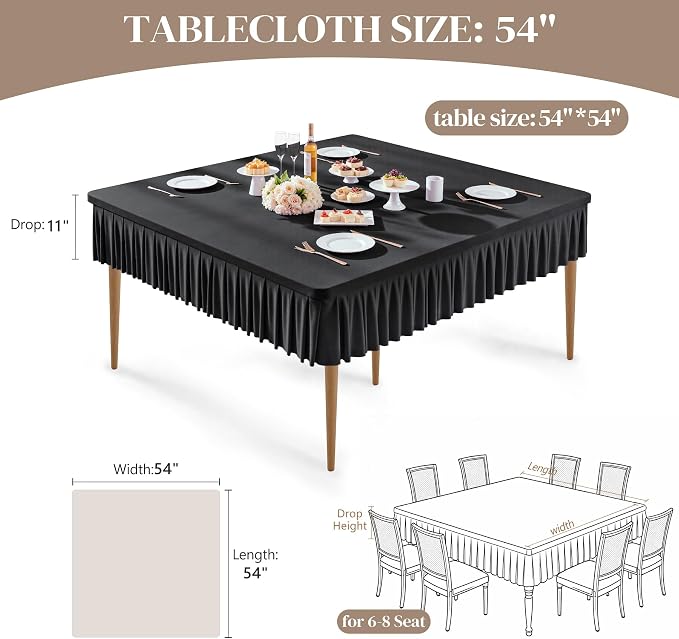 Wish Care 2 Pack Black Spandex Tablecloths for 54x54 Inch Square Tables, Stretch Fitted Table Clothes with Pleated Ruffle Skirt for 54” Table, Wrinkle Free and Elastic, for Party Kitchen Home Dining