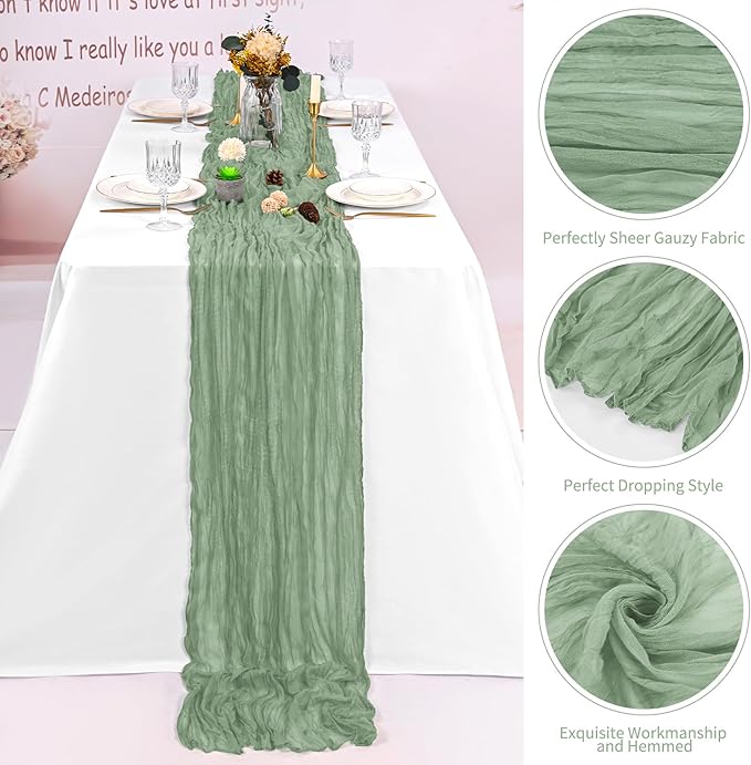 8 Pack Sage Green Cheesecloth Table Runner 120 Inch 10FT Spring Boho Rustic Sheer Gauze Cheese Cloth Table Runner for Wedding Baby Shower Birthday Party Table Decor