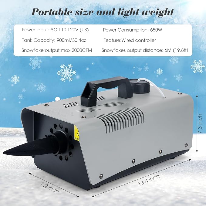 blessny High-velocity Snow Machine, Wired Remote Portable Premium Artificial Snowflake Machines for Indoor Outdoor Christmas Party, 650W Low Consumption with Max 2000CFM Output, ETL Listed