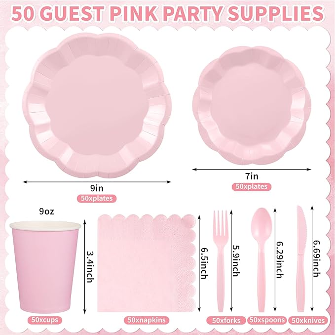 NatNarr 350 Pcs Pink Paper Plates and Napkins Set Include 9" Mothers Day Plates, 7" Dessert Plate Disposable Scalloped Tableware Serve 50 Guest for Wedding Baby Bridal Shower Birthday