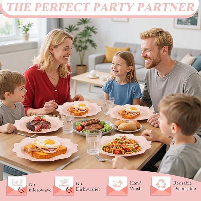 WDF 200PCS Pink Plastic Plates - Pink and Gold Plastic Plates - Include 100 Dinner Plate and 100 Cake Plate for Spring/Wedding/Bridal Shower/Tea party/Mother's Day
