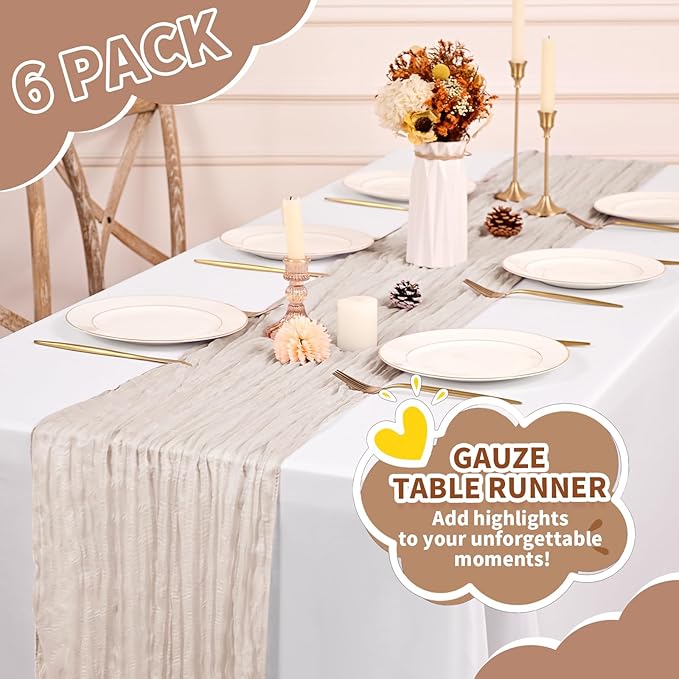 6 Pack Cheesecloth Table Runner,Brown Grey Table Runner Long Romantic Semi Sheer Rustic Boho Gauze Table Runners for Wedding Bridal Shower Birthday Party Decorations(17.7×108 Inch)